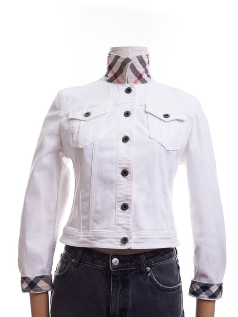 $900 Burberry Brit Trucker Jeans Denim stretch Jacket Coat White Crop Jacket S M